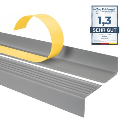 Nez de marche PVC adhesif 40x25 mm QUEST - profil antiderapant a rainures pour escalier, ND - 90 cm, gris