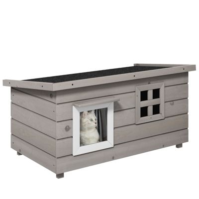 Niche chat bois gris extérieur 87x52x44cm, toit asphalte étanche, couvercle articulé, fenêtre et balcon, abri hivernal pour jardin