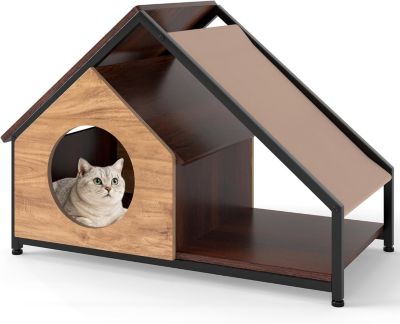 Niche Chat en Bois avec 2 Entrées, 84 x 43 x 59 CM, Maison pour Chat avec Porche Avant et Toit en PVC Amovible et Lavable, Naturel