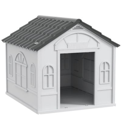 Niche chien style cottage dim. 65L x 75l x 63H cm - motifs fenêtres, porte, aération - PP blanc gris