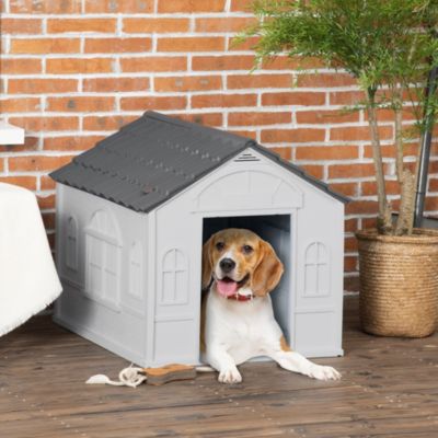 Niche chien style cottage dim. 65L x 75l x 63H cm - motifs fenêtres, porte, aération - PP blanc gris