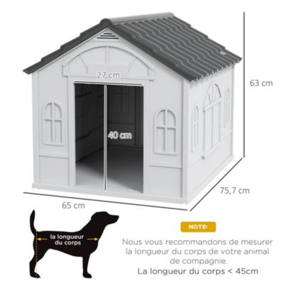 Niche chien style cottage dim. 65L x 75l x 63H cm - motifs fenêtres, porte, aération - PP blanc gris