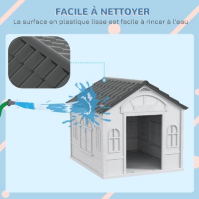 Niche chien style cottage dim. 65L x 75l x 63H cm - motifs fenêtres, porte, aération - PP blanc gris