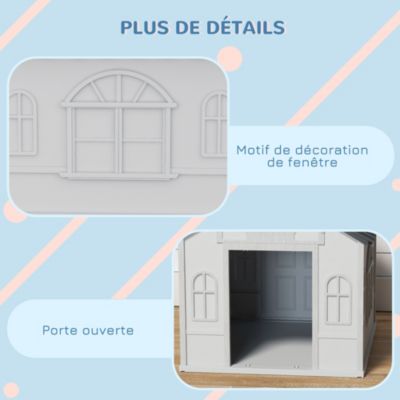 Niche chien style cottage dim. 65L x 75l x 63H cm - motifs fenêtres, porte, aération - PP blanc gris
