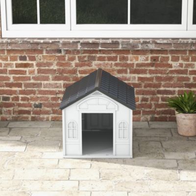 Niche chien style cottage dim. 65L x 75l x 63H cm - motifs fenêtres, porte, aération - PP blanc gris