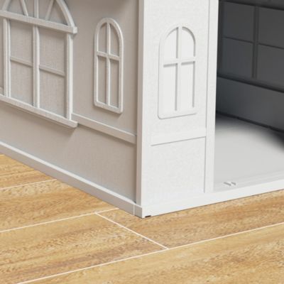 Niche chien style cottage dim. 65L x 75l x 63H cm - motifs fenêtres, porte, aération - PP blanc gris