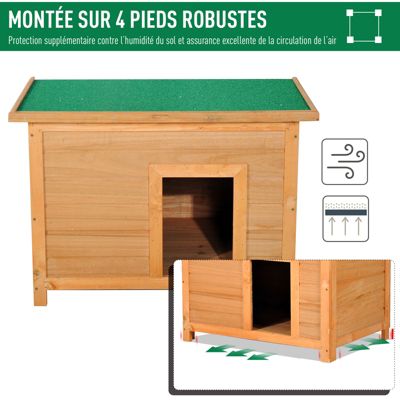 Niche chien sur pied dim. 85L x 58l x 58H cm - toit ouvrant bitumé vert - bois sapin pré-huilé