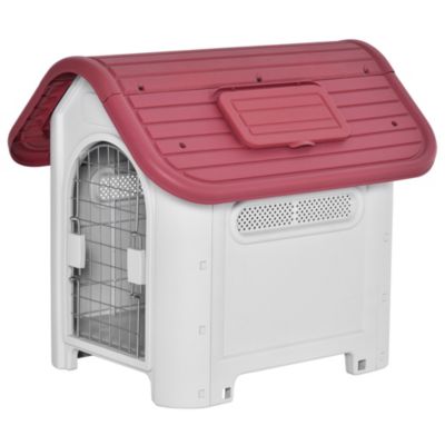 Niche d'extérieur rouge, imperméable et ventilée pour petits chiens, avec trappe de toit et porte.