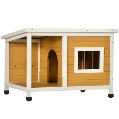 Niche lodge chien avec terrasse couverte sur pied - toit bitumé ouvrant, fenêtre - bois sapin pré-huilé blanc