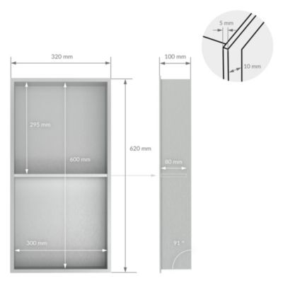 Niche murale de douche encastrée étagère double argent en acier inox 30x60x10 cm