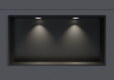 Niche murale douche acier inox + 2 Spots LED, étagère douche encastrable - 30x60x10cm (HxLxP) - Noir, 2x Spot Blanc mat