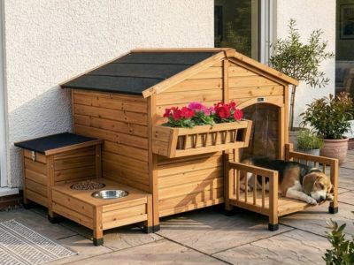Niche pour chien en bois avec mangeoire et boite de rangement "Rusty"  151 x 138 x 100 cm  Marron