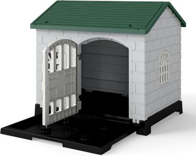 Niche pour Chien Exterieur en PP, Cabane Chien Exterieur Interieur avec 3 Fenêtres, Porte Verrouillable, 75 x 58 x 65 CM, Gris