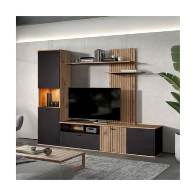 NIVER - Meuble TV Mural avec Banc TV et Colonne Led inclue et Aspect Bois Noir