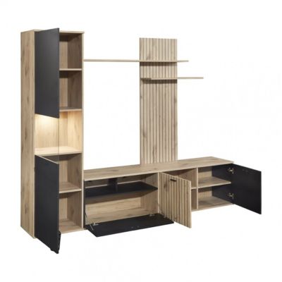 NIVER - Meuble TV Mural avec Banc TV et Colonne Led inclue et Aspect Bois Noir