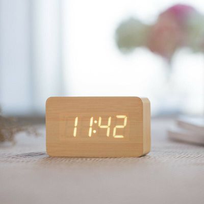 Numérique Réveil Bois Réglable Luminosité Contrôle Vocal LED Horloge Rectangle Affichage Temps Température Décor À La Maison