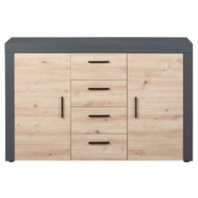 OCTOBER - Commode 2 Portes 4 Tiroirs Gris et Effet Bois