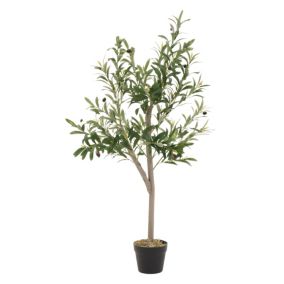 Olivier Artificiel 120 cm Décoratif, Plante Verte Grande avec Tronc en Bois Naturel et Fruits en Plastique