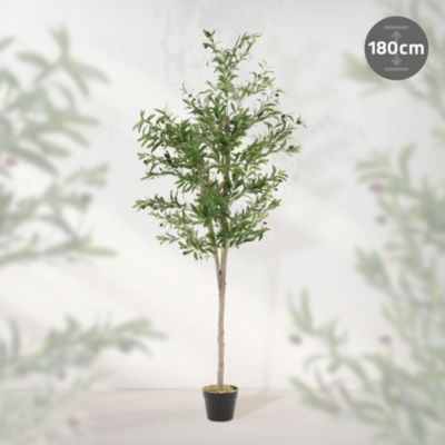 Olivier Artificiel 180 cm Décoratif, Plante Verte Grande avec Tronc en Bois Naturel et Fruits en Plastique