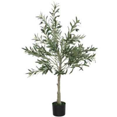 Olivier artificiel H.120 cm - grand réalisme - 450 feuilles en soie, 20 olives - mousse effet lichen pot inclus