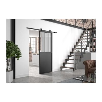 OPTIMUM Kit porte coulissante ATELIER noir + rail apparent + cache rail - 204 x 93 cm - verre transparent