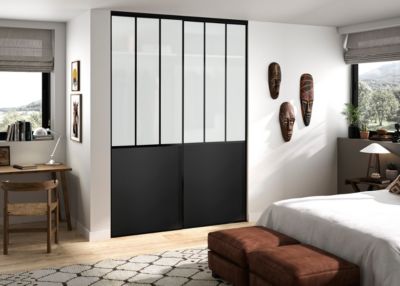 OPTIMUM pack portes de placard coulissantes, 2 vantaux décor atelier noir, verre dépoli blanc, H 2500 x L 1500 mm largeur totale
