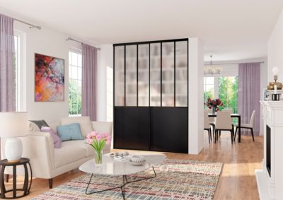 OPTIMUM pack portes de placard coulissantes, 2 vantaux décor atelier noir, verre dépoli blanc, H 2500 x L 1800 mm  largeur totale