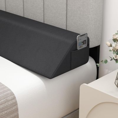 Oreiller Cale Tête de Lit137x25CM-Coussin de Lecture avec 2 Poches de Rangement-Housse Amovible et Lavable TrapézoïdalGris