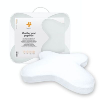 Oreiller papillon plat mémoire de forme, profil bas 10 cm, multiposition, taie coton, 56x46 cm