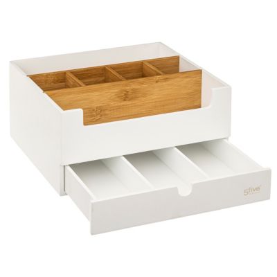 Organisateur d'accessoires de salle de bains XL blanc et bambou, avec tiroir, 5Five