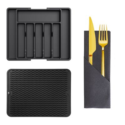 Organisateur de Couverts Extensible + 2 Plateaux Antidérapants + 30 Sacs de Rangement, Noir, Idéal pour Tiroirs de Cuisine
