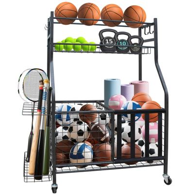Organisateur sport garage, grand rangement ballons, chariot mobile intérieur/extérieur