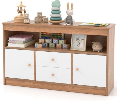 Organiseur de Rangement, pour Enfants, 2 Tiroirs, 2 Armoires , 1 Compartiment , Etagère en Bois, pour Bureau, Salon (Blanc)