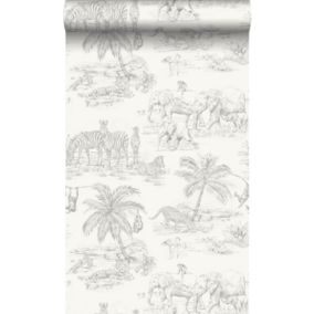 Origin Wallcoverings papier peint animaux de la jungle blanc brillant et gris argent - 0,53 x 10,05 m - 347692