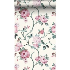 Origin Wallcoverings papier peint fleurs blanc cassé et rose clair et vert - 53 cm x 10,05 m - 347433