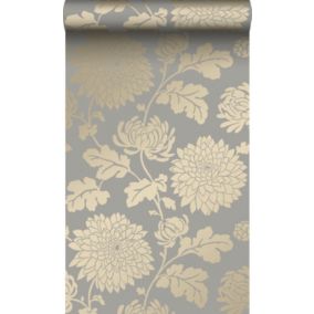 Origin Wallcoverings papier peint fleurs taupe et bronze brillant - 53 cm x 10,05 m - 326149