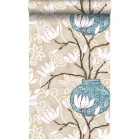 Origin Wallcoverings papier peint magnolia beige et turquoise - 53 cm x 10,05 m - 346923