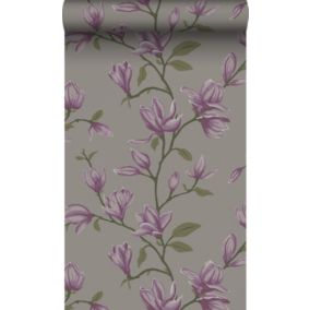 Origin Wallcoverings papier peint magnolia taupe et violet aubergine - 53 cm x 10,05 m - 347052