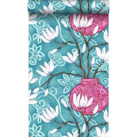 Origin Wallcoverings papier peint magnolia turquoise et rose - 53 cm x 10,05 m - 346925