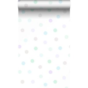 Origin Wallcoverings papier peint à motif de points violet lavende pastel, vert menthe pastel, gris argent brillant et bleu pastel