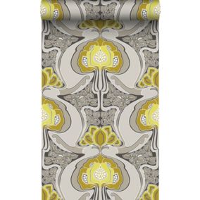 Origin Wallcoverings papier peint motif floral Art Nouveau jaune ocre et gris - 53 cm x 10,05 m - 347206