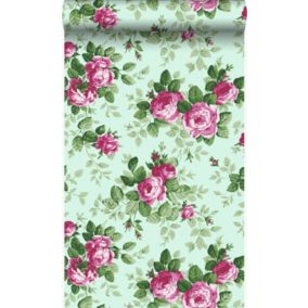 Origin Wallcoverings papier peint roses vert céladon et rose - 53 cm x 10,05 m - 326139