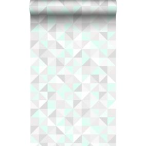 Origin Wallcoverings papier peint triangles vert menthe pastel, gris chaud clair, blanc mat et vert émeraude brillant - 53 cm x 10