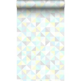 Origin Wallcoverings papier peint triangles vert menthe pastel, jaune pastel, bleu pastel, gris chaud clair et gris argent brillan