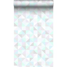 Origin Wallcoverings papier peint triangles violet lavende pastel, vert menthe pastel, gris argent brillant et bleu pastel - 53 cm