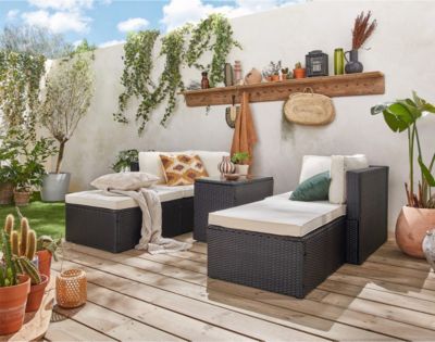 Otaki - salon bas de jardin modulable 5 places - résine tressée noire et coussins beiges - Best Mobilier