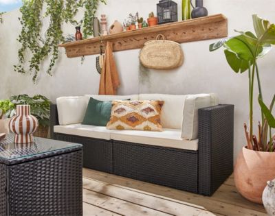 Otaki - salon bas de jardin modulable 5 places - résine tressée noire et coussins beiges - Best Mobilier