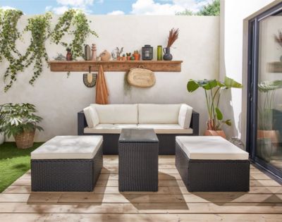 Otaki - salon bas de jardin modulable 5 places - résine tressée noire et coussins beiges - Best Mobilier