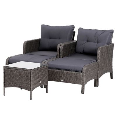 Outsunny Lot de 2 fauteuils de jardin grand confort repose-pied table basse résine tressée imitation rotin coussins gris