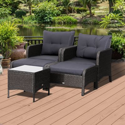 Outsunny Lot de 2 fauteuils de jardin grand confort repose-pied table basse résine tressée imitation rotin coussins gris